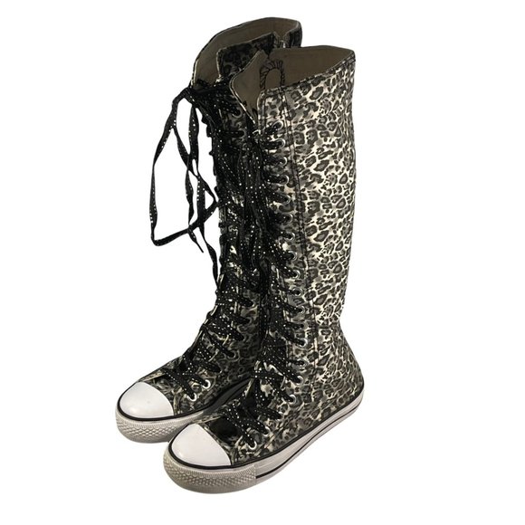 Mengsai Boots Girls Size 2 leopard Print Sneakers Mid Knee High Canvas - Picture 1 of 8